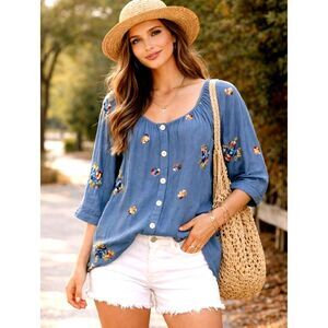 Fig Flower Top Womens Sz M Blue Embroidered Floral Button Up Peasant Cottagecore